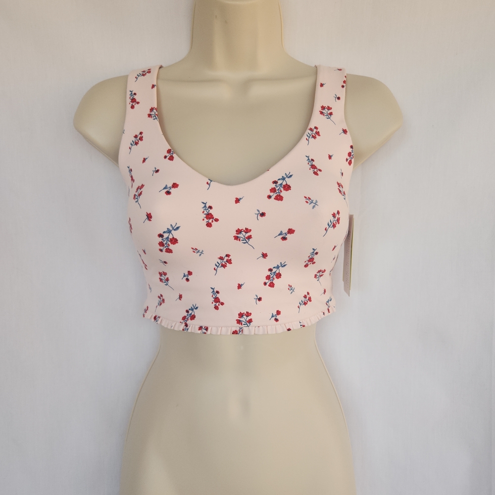 Target Pink Floral Soft Women's Crop Top Ruffled Edge Longline Built In Bra XS